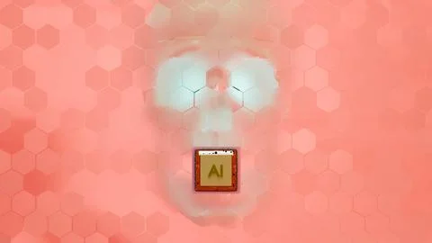 Artificial intelligence chip and skull silhouette behind pink hexagon patte.. イラスト素材