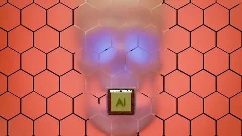Artificial intelligence chip and skull silhouette behind pink hexagon patte.. Stock Illustration