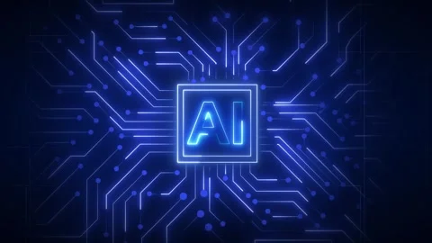 Artificial intelligence chip animation displays blue neon AI symbols. Intel.. Stock Footage 341129401