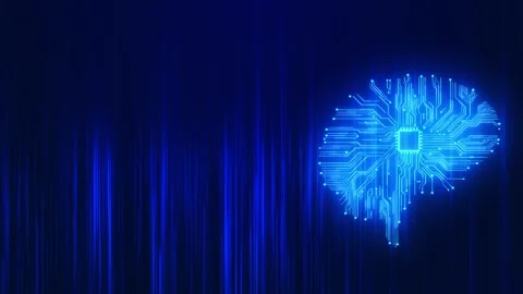 Artificial intelligence chip brain visual cyan circuitry, falling blue light str Stock Footage 340526369