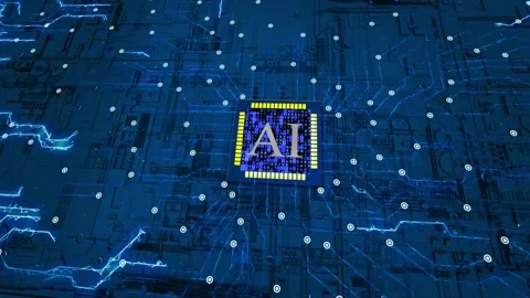 Artificial intelligence chip circuit boards and flowing data Stock Footage 328393572