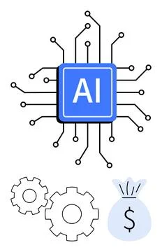 Artificial Intelligence Chip with Circuit, Gears, and Money Bag Symbolizing.. Stock Illustration