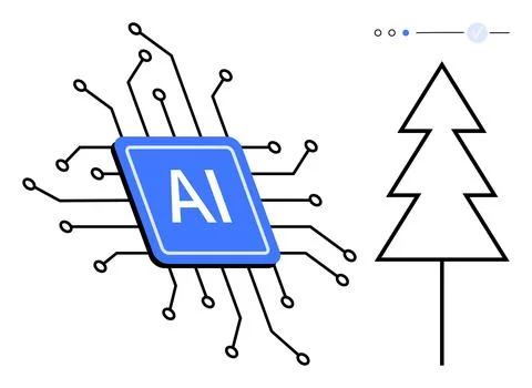 Artificial Intelligence Chip with Connected Circuits and Abstract Tree Line.. Stock Illustration