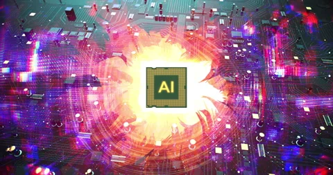 Artificial intelligence chip glowing with fire on a computer board. Stock Footage 337191791