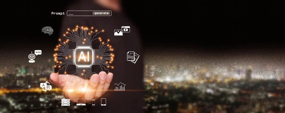 Artificial intelligence chip glowing in human hand with digital data, chatb.. Stock Photos