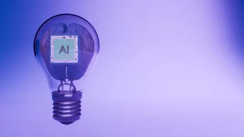 Artificial intelligence chip glowing inside light bulb over purple background Stockfoto's
