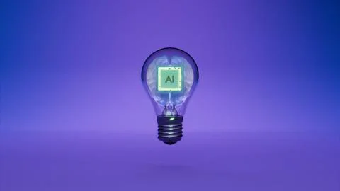 Artificial intelligence chip glowing inside light bulb over purple background 写真素材