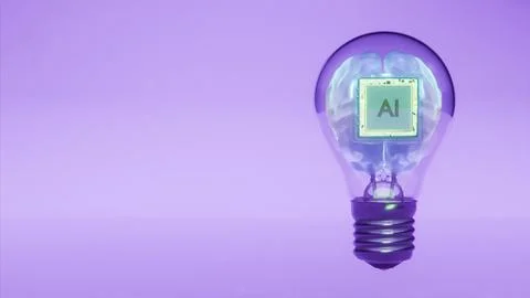 Artificial intelligence chip glowing inside light bulb over purple background Stockfoto's