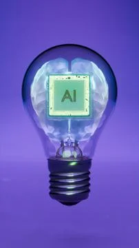Artificial intelligence chip glowing inside light bulb over purple background Foto stock