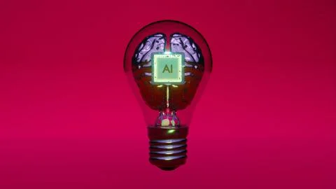 Artificial intelligence chip glowing inside light bulb over red background 스톡 사진