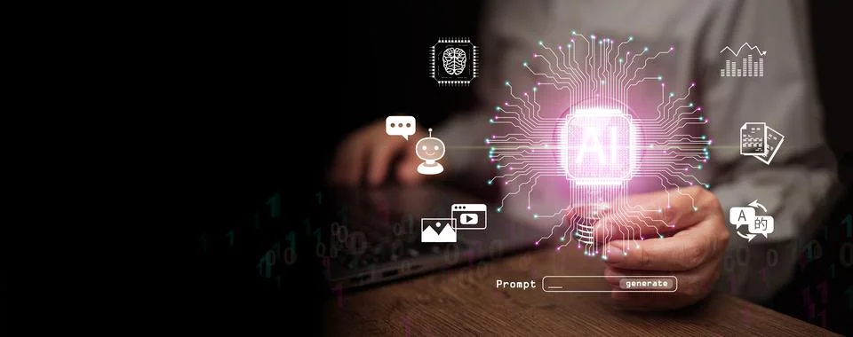 Artificial intelligence chip glowing in lightbulb in human hand with icons .. Stock Photos