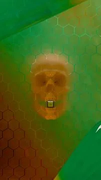 Artificial intelligence chip held by translucent skull behind hexagon patte.. Stock Illustration
