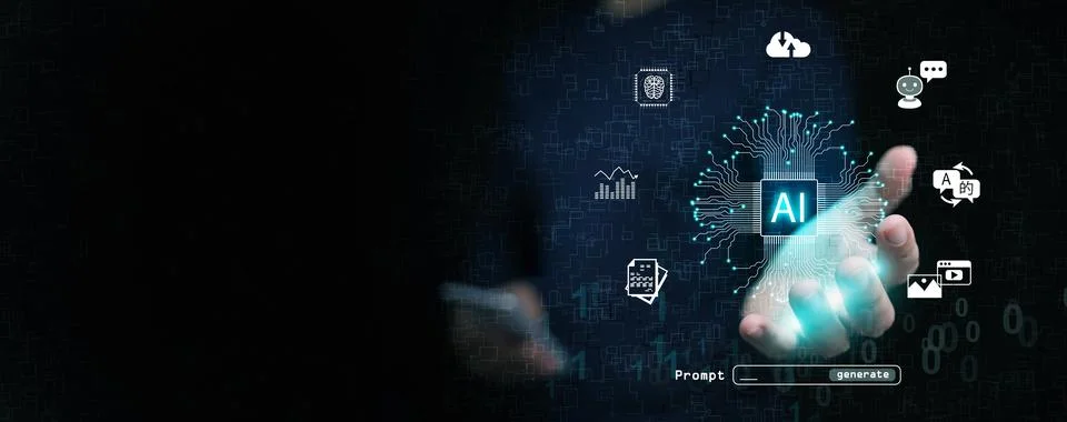 Artificial intelligence chip in human hand with smartphone, cloud computing.. Stock Photos