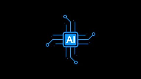 Artificial intelligence chip icon blue circuit board cpu processor dark bg. Stock Footage 348026150