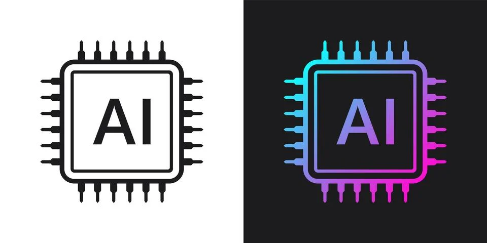 Artificial Intelligence Chip Icon Set in Black and Colorful Circuit Design 스톡 일러스트