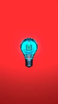 Artificial intelligence chip inside light bulb with brain on background in re Stock Photos