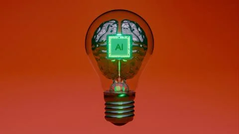 Artificial intelligence chip inside translucent brain in light bulb on oran.. Stock Photos