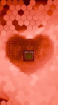 Artificial intelligence chip over red heart shape in hexagon pattern backgr.. 스톡 일러스트
