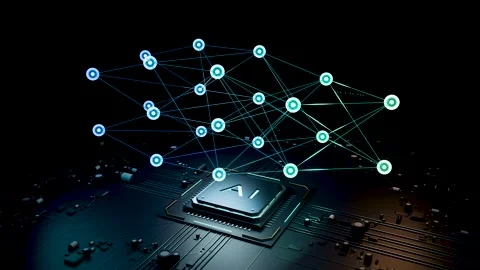 Artificial intelligence chip processing neural network data. 3d animation Stock Footage 346373298
