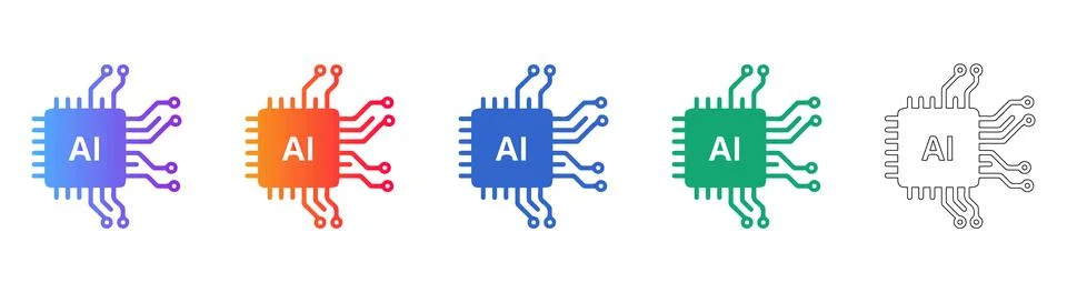 Artificial Intelligence Chip Processor Icons 스톡 일러스트