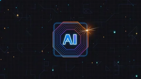 Artificial intelligence chip processor logo glowing neon light on dark circ.. Stock Footage 341220378