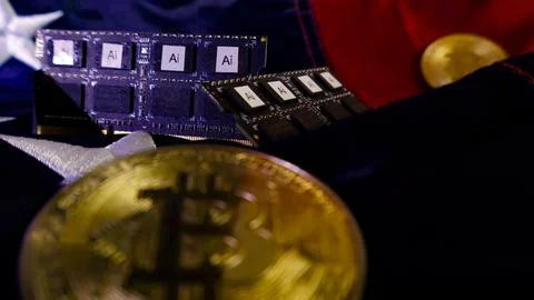 Artificial intelligence chips and Bitcoin coins on American flag Foto stock