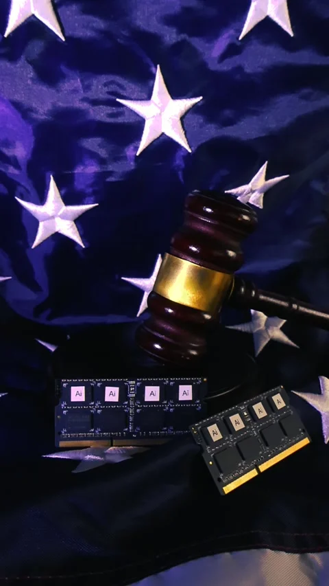 Artificial intelligence chips and judge's gavel on an american flag Stock Footage 339419087