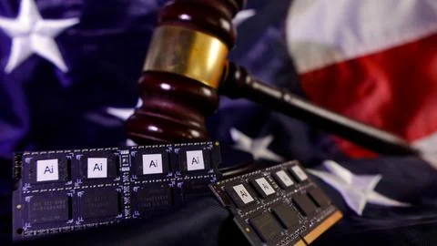 Artificial intelligence chips, justice gavel, and US flag representing AI law Stock Photos