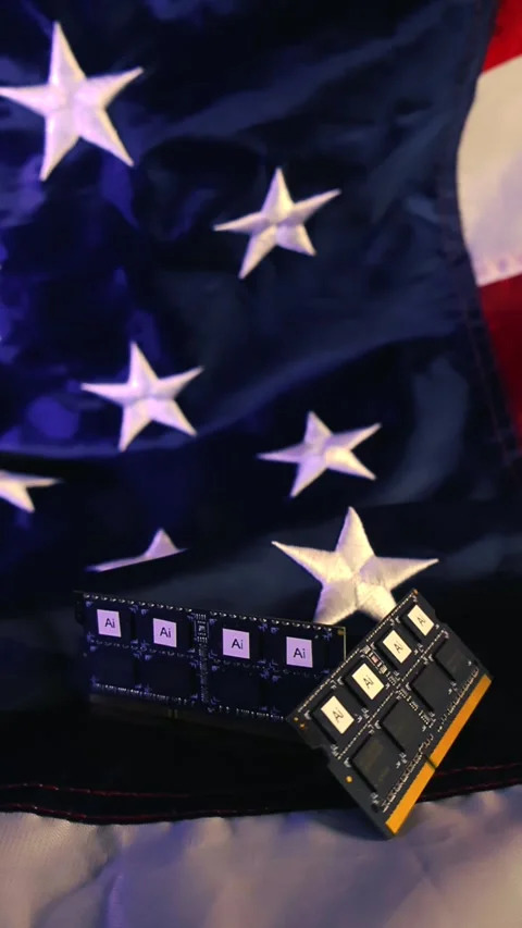 Artificial intelligence chips on the United States flag Stock Footage 338330197