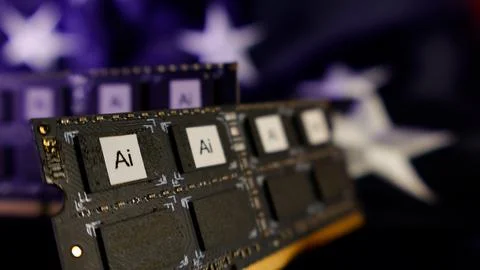 Artificial intelligence chips on US flag background Stock Photos
