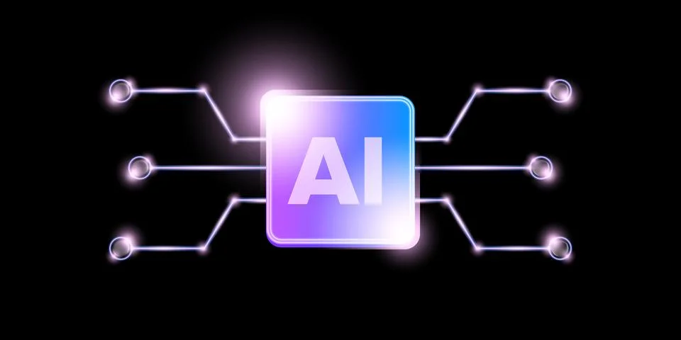 Artificial intelligence chipset on black board in futuristic neon cyber punk Stock Illustration