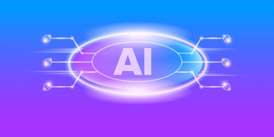 Artificial intelligence chipset on ultraviolet board in futuristic neon cyber Stock Illustration