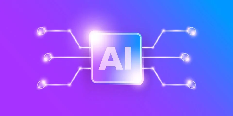 Artificial intelligence chipset on ultraviolet board in futuristic neon cyber Illustrazione stock
