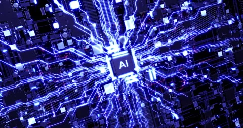 Artificial Intelligence Circuit Board Displaying Glowing Data Packets. Stock Footage 306322962