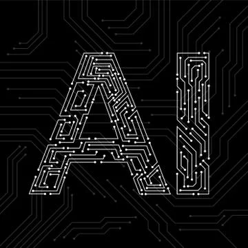 Artificial Intelligence with circuit board isolated on black background Stock Illustration