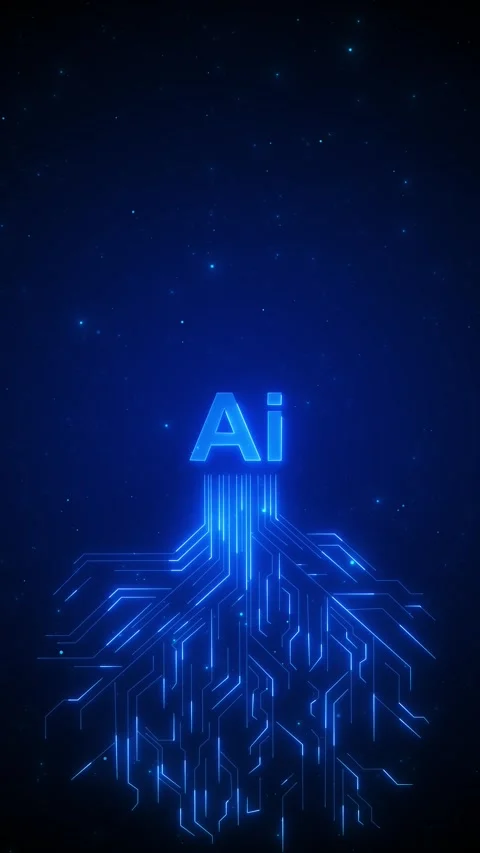 Artificial intelligence circuit flow with glowing AI letters, blue electronic Stock Footage 334124646