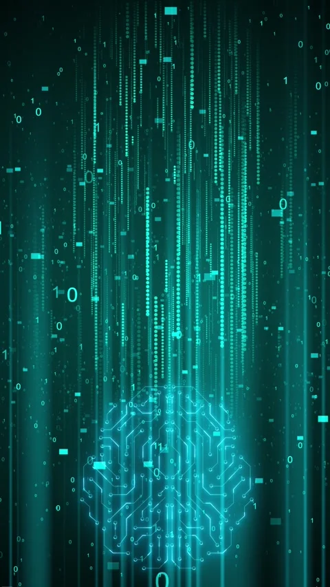 Artificial intelligence circuit teal brain outline, moving code, dotted data flo Stock Footage 340456147