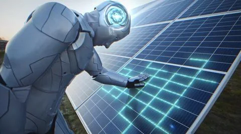 Artificial intelligence. Closeup of cybernetic robot man touching modern solar Stock Photos