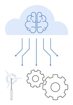 Artificial Intelligence Cloud with Brain, Wind Turbine, and Gears Represent.. Stock Illustration