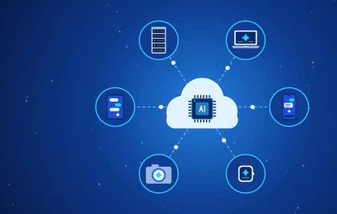 Artificial intelligence cloud computing concept with AI chip connected to Stock Illustration