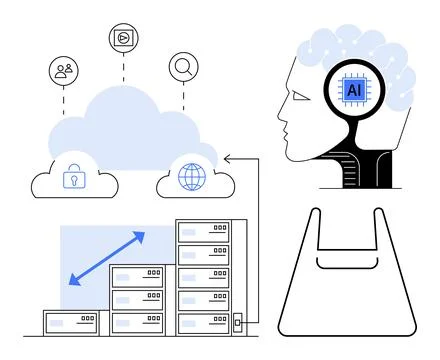 Artificial intelligence, cloud computing, data storage, cybersecurity, machin Stockillustratie