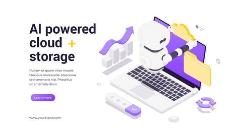 Artificial Intelligence Cloud Robot With Files And Charts In Modern Isometr.. Stock Illustration