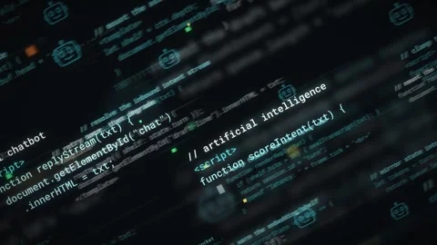 Artificial intelligence code background at an angle with chatbot robot icons 動画素材 344634758