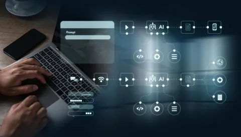 Artificial intelligence coding and automation concept with digital icons, w.. Foto stock