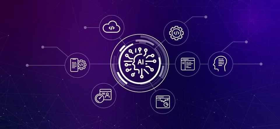 Artificial intelligence in coding and software development icons 库存插图