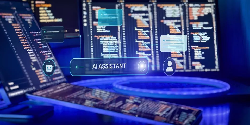 Artificial Intelligence Coding Assistant in Developer Workspace With Chat Int Stock Photos