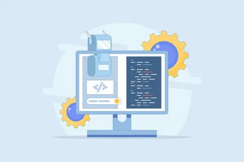 Artificial intelligence coding concept, code development automation. 스톡 일러스트