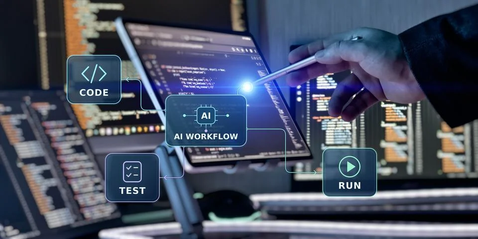 Artificial Intelligence Coding Workflow with Software Testing, Code Automatio Stock Photos