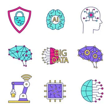 Artificial intelligence color icons set 스톡 일러스트