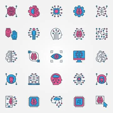 Artificial Intelligence colored icons set - AI technology signs Stock Illustration